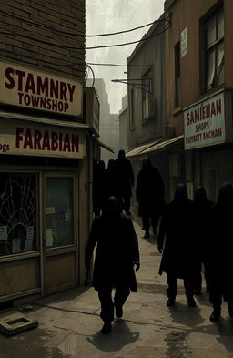 A scene depicting rundown township shops, showcasing small businesses with cracked windows, faded signage, and peeling paint to symbolize their hardship