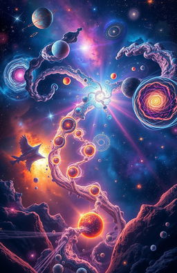 A visually stunning representation of the multiverse equation titled 'Lost Horizon' as conceived by Arnav Sharma, illustrated in a cosmic landscape