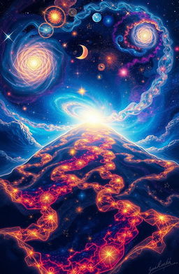 A visually stunning representation of the multiverse equation titled 'Lost Horizon' as conceived by Arnav Sharma, illustrated in a cosmic landscape