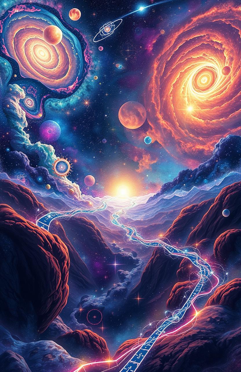 A visually stunning representation of the multiverse equation titled 'Lost Horizon' as conceived by Arnav Sharma, illustrated in a cosmic landscape