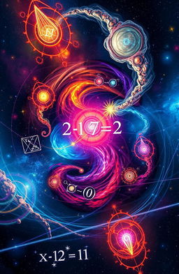 A visually captivating representation of the multiverse equation from 'Lost Horizon' by Arnav Sharma, featuring an intricate cosmic design with swirling galaxies, colorful nebulae, and intertwining dimensions