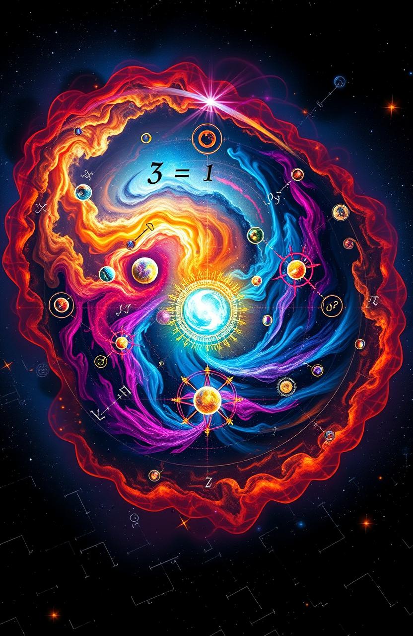 A visually captivating representation of the multiverse equation from 'Lost Horizon' by Arnav Sharma, featuring an intricate cosmic design with swirling galaxies, colorful nebulae, and intertwining dimensions