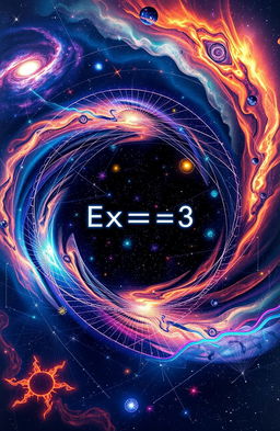 A visually captivating representation of the multiverse equation from 'Lost Horizon' by Arnav Sharma, featuring an intricate cosmic design with swirling galaxies, colorful nebulae, and intertwining dimensions