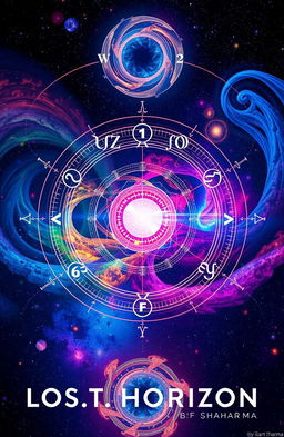 A visually captivating representation of the multiverse equation from 'Lost Horizon' by Arnav Sharma, featuring an intricate cosmic design with swirling galaxies, colorful nebulae, and intertwining dimensions