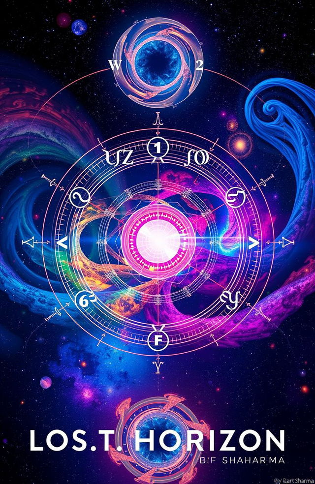 A visually captivating representation of the multiverse equation from 'Lost Horizon' by Arnav Sharma, featuring an intricate cosmic design with swirling galaxies, colorful nebulae, and intertwining dimensions