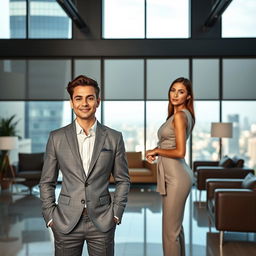 A young, handsome new boss of a Central Asian company, exuding charm and a sense of humor, with a well-groomed appearance and an engaging demeanor
