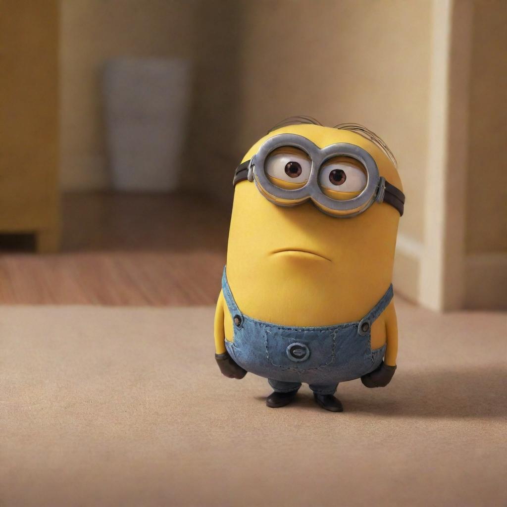 A melancholic character from the animated movie 'Minions', sitting alone at home