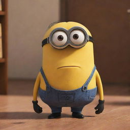 A melancholic character from the animated movie 'Minions', sitting alone at home