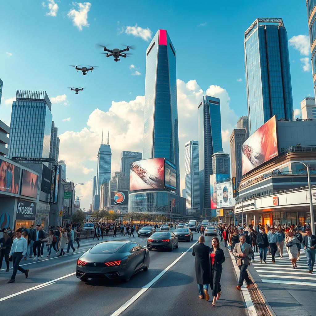 A futuristic cityscape showcasing advanced technology and architecture, with towering skyscrapers made of glass and steel, illuminated by neon lights