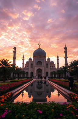 A mesmerizing Islamic architecture scene featuring a beautiful mosque at sunset