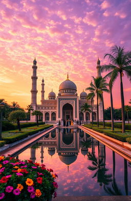 A mesmerizing Islamic architecture scene featuring a beautiful mosque at sunset