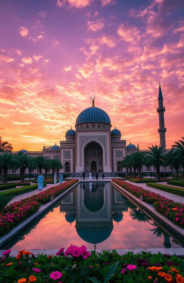 A mesmerizing Islamic architecture scene featuring a beautiful mosque at sunset