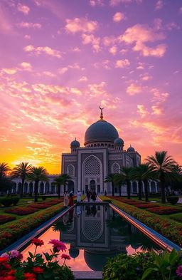 A mesmerizing Islamic architecture scene featuring a beautiful mosque at sunset