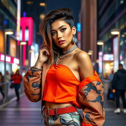 A captivating image of a stylish fashionable woman in a modern urban setting, exuding confidence and charisma