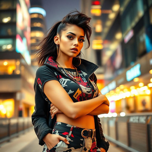 A captivating image of a stylish fashionable woman in a modern urban setting, exuding confidence and charisma