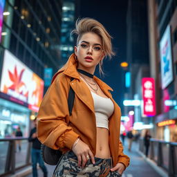 A captivating image of a stylish fashionable woman in a modern urban setting, exuding confidence and charisma