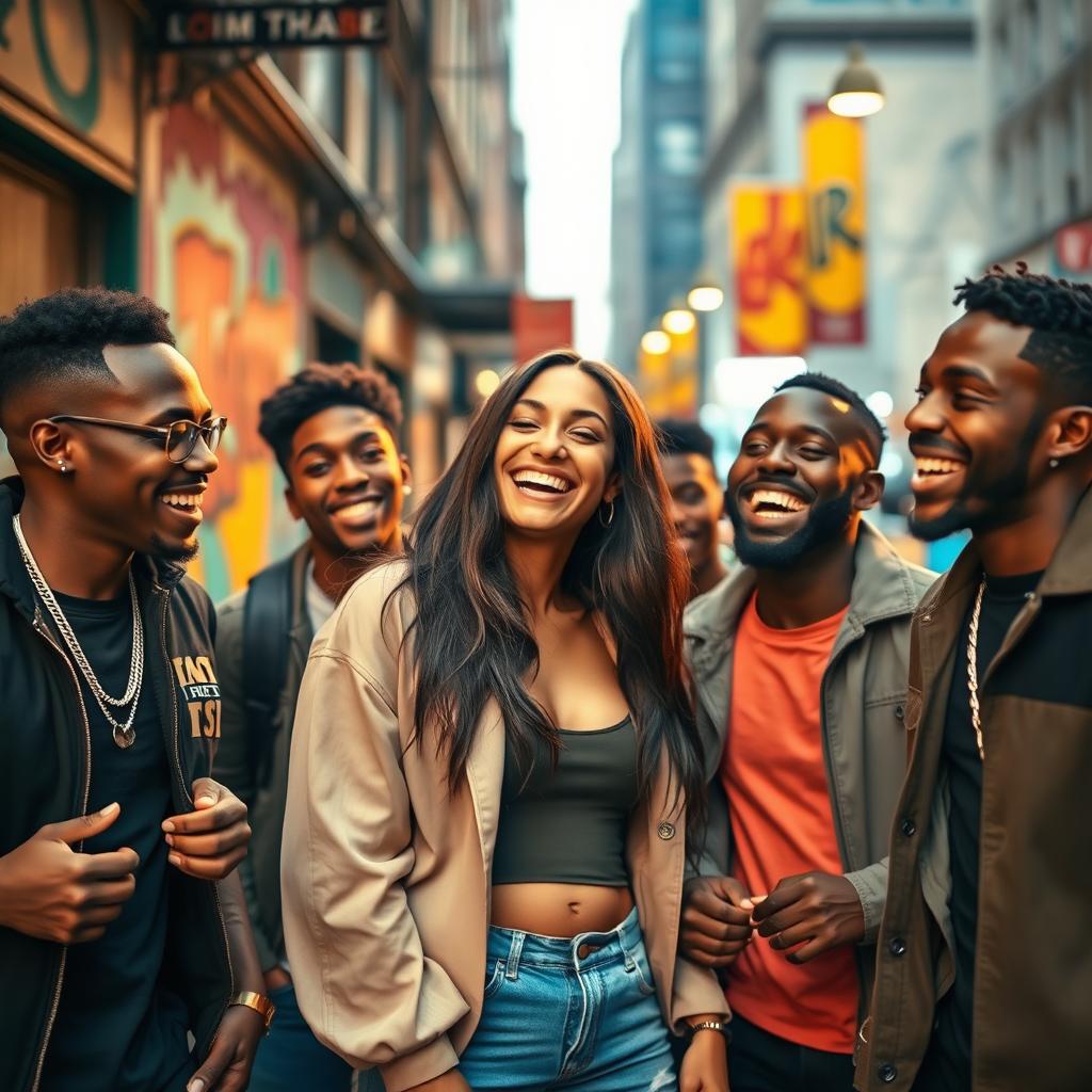 An attractive and confident woman enjoying a lively moment with a group of young Black men in an urban setting