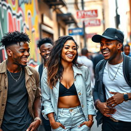 An attractive and confident woman enjoying a lively moment with a group of young Black men in an urban setting