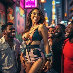 A stunning Spanish woman radiating confidence and allure, surrounded by a group of young Black men in a vibrant urban setting