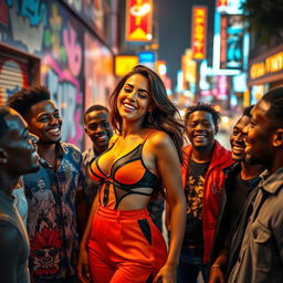 A stunning Spanish woman radiating confidence and allure, surrounded by a group of young Black men in a vibrant urban setting