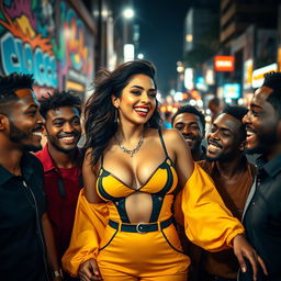 A stunning Spanish woman radiating confidence and allure, surrounded by a group of young Black men in a vibrant urban setting