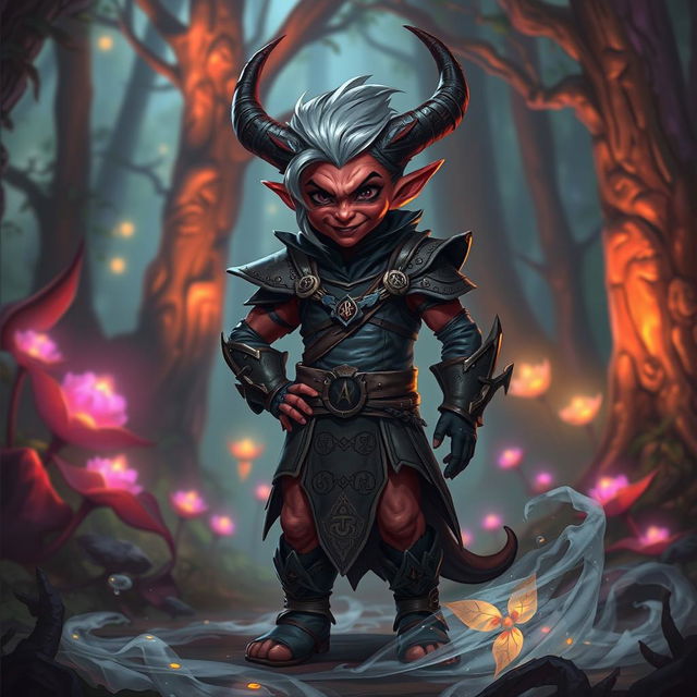 A striking tiefling character with red skin and ash gray hair, standing confidently with a mischievous expression