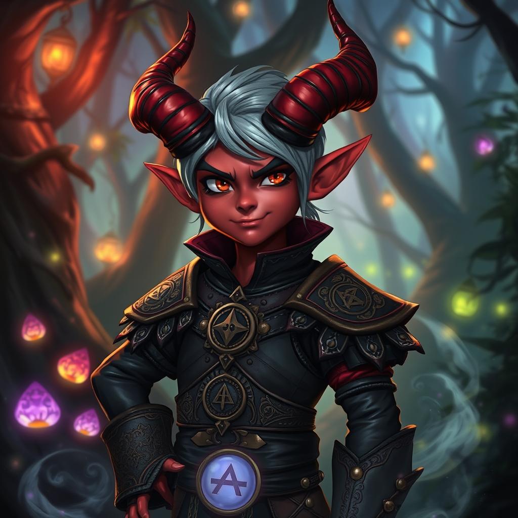 A striking tiefling character with red skin and ash gray hair, standing confidently with a mischievous expression