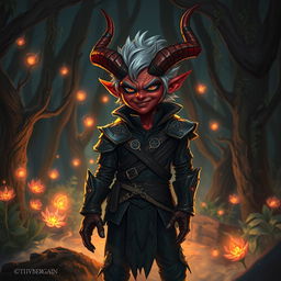 A striking tiefling character with red skin and ash gray hair, standing confidently with a mischievous expression
