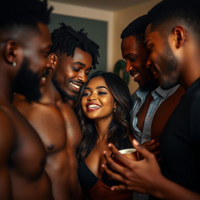 A scene of intimacy and connection where an attractive woman is engaging in a passionate moment with a group of young Black men