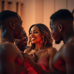 A scene of intimacy and connection where an attractive woman is engaging in a passionate moment with a group of young Black men