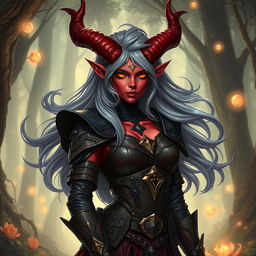 A captivating female tiefling character with striking red skin and flowing ash gray hair, standing gracefully with a confident pose