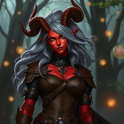 A captivating female tiefling character with striking red skin and flowing ash gray hair, standing gracefully with a confident pose