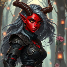 A captivating female tiefling character with striking red skin and flowing ash gray hair, standing gracefully with a confident pose