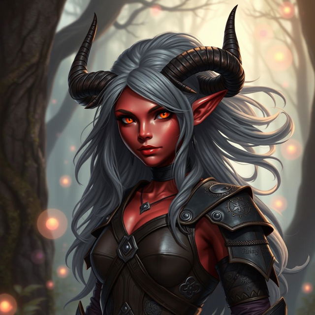 A captivating female tiefling character with striking red skin and flowing ash gray hair, standing gracefully with a confident pose