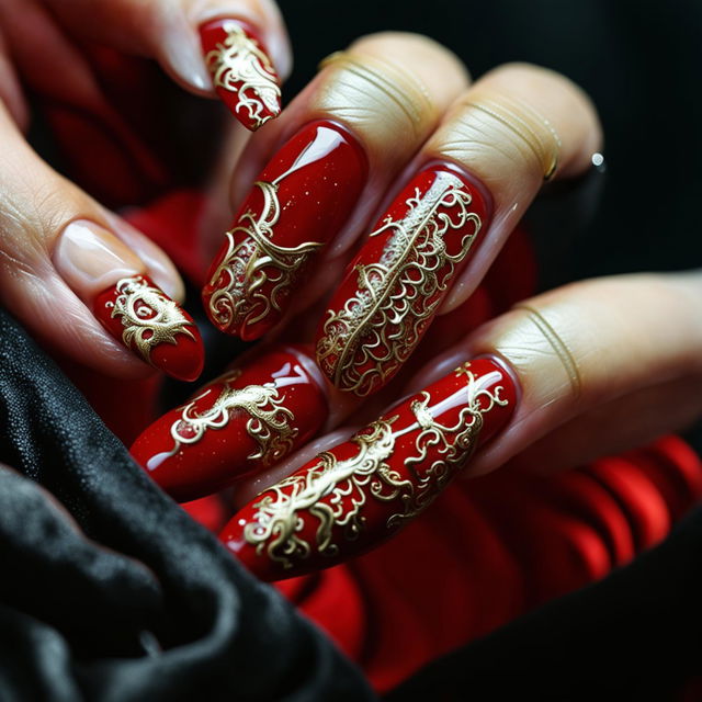 Close-up photograph of intricate Year of the Dragon inspired nail art with a fiery red base color and a detailed golden dragon design winding across long, elegantly shaped nails.