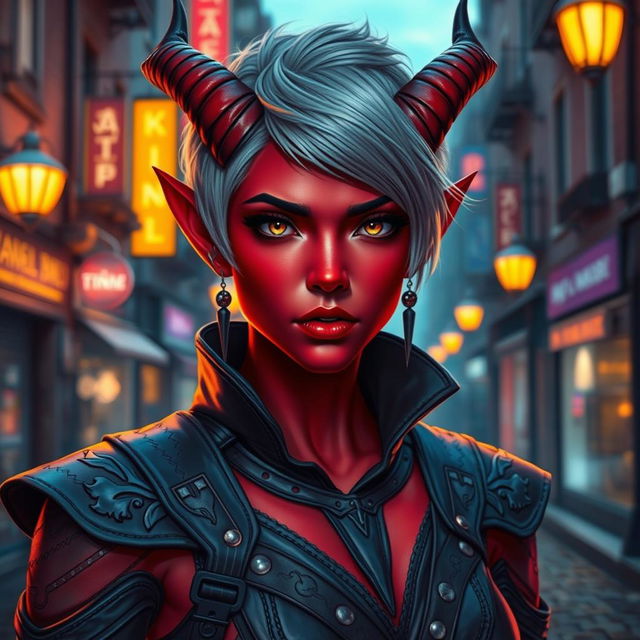 A stunning female tiefling character with vibrant red skin and short ash gray hair styled in an edgy and confident manner