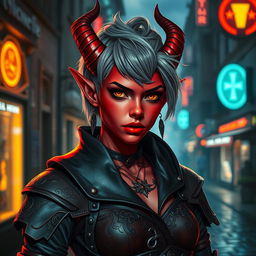 A stunning female tiefling character with vibrant red skin and short ash gray hair styled in an edgy and confident manner