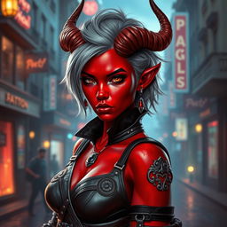 A stunning female tiefling character with vibrant red skin and short ash gray hair styled in an edgy and confident manner