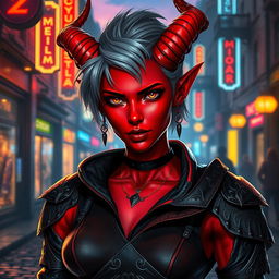 A stunning female tiefling character with vibrant red skin and short ash gray hair styled in an edgy and confident manner