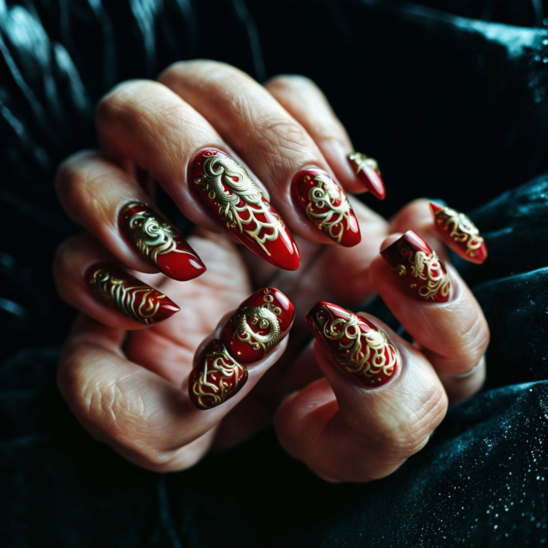 High-resolution photograph of well-cared for hands showcasing intricate Year of the Dragon inspired nail art with a fiery red base color and a detailed golden dragon design winding across long, elegantly shaped nails.