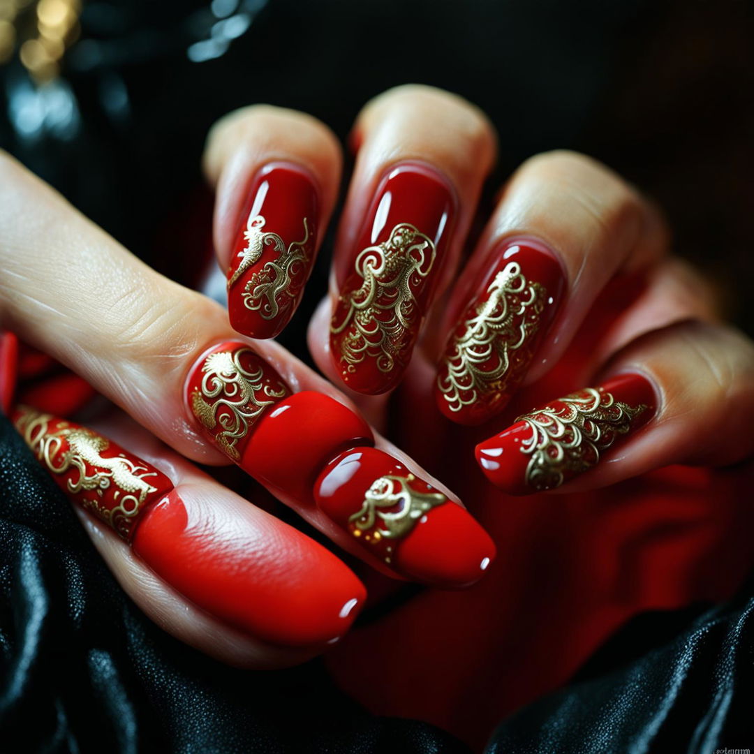 High-resolution photograph of exceptionally beautiful hands displaying intricate Year of the Dragon inspired nail art with a fiery red base color and a detailed golden dragon design winding across long, perfectly shaped nails.