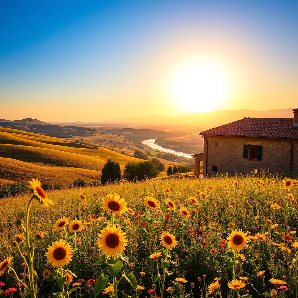 A beautiful Spanish landscape featuring sun-drenched rolling hills, vibrant wildflowers, and an ancient stone farmhouse with terracotta roof tiles