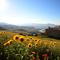 A beautiful Spanish landscape featuring sun-drenched rolling hills, vibrant wildflowers, and an ancient stone farmhouse with terracotta roof tiles
