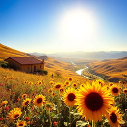 A beautiful Spanish landscape featuring sun-drenched rolling hills, vibrant wildflowers, and an ancient stone farmhouse with terracotta roof tiles