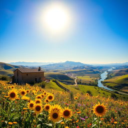 A beautiful Spanish landscape featuring sun-drenched rolling hills, vibrant wildflowers, and an ancient stone farmhouse with terracotta roof tiles