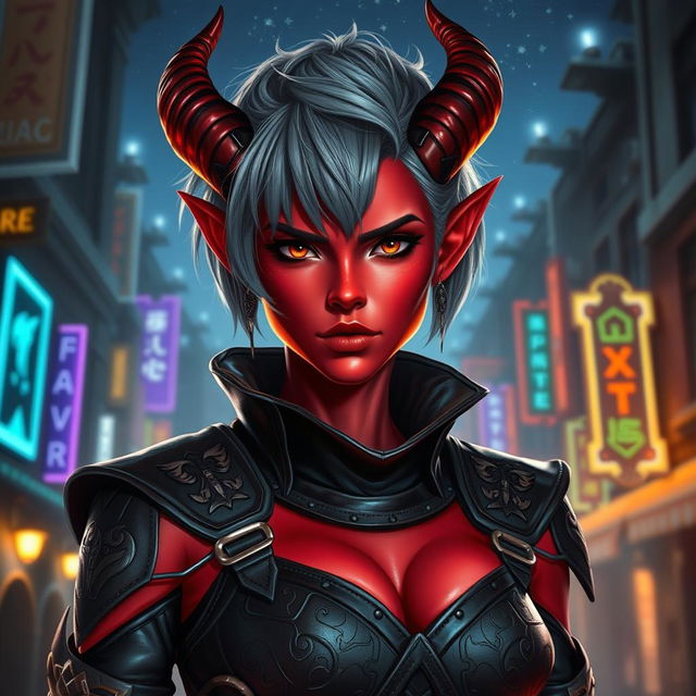 A striking female tiefling with bold red skin and short ash gray hair, styled in a modern and edgy way