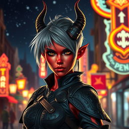 A striking female tiefling with bold red skin and short ash gray hair, styled in a modern and edgy way