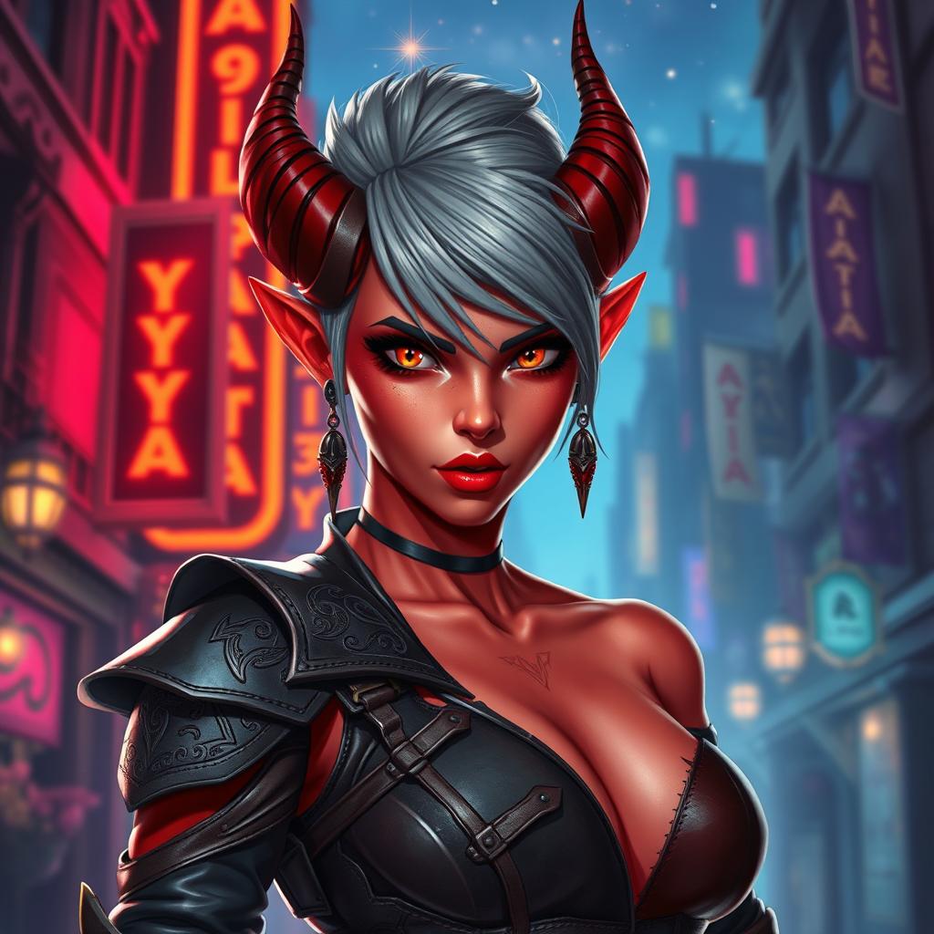 A striking female tiefling with bold red skin and short ash gray hair, styled in a modern and edgy way