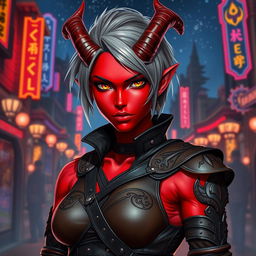 A striking female tiefling with bold red skin and short ash gray hair, styled in a modern and edgy way