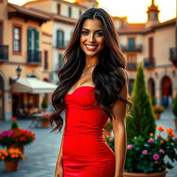 A stunning hot Spanish woman with long, flowing dark hair and sun-kissed skin, dressed in a vibrant, form-fitting red dress that accentuates her curves